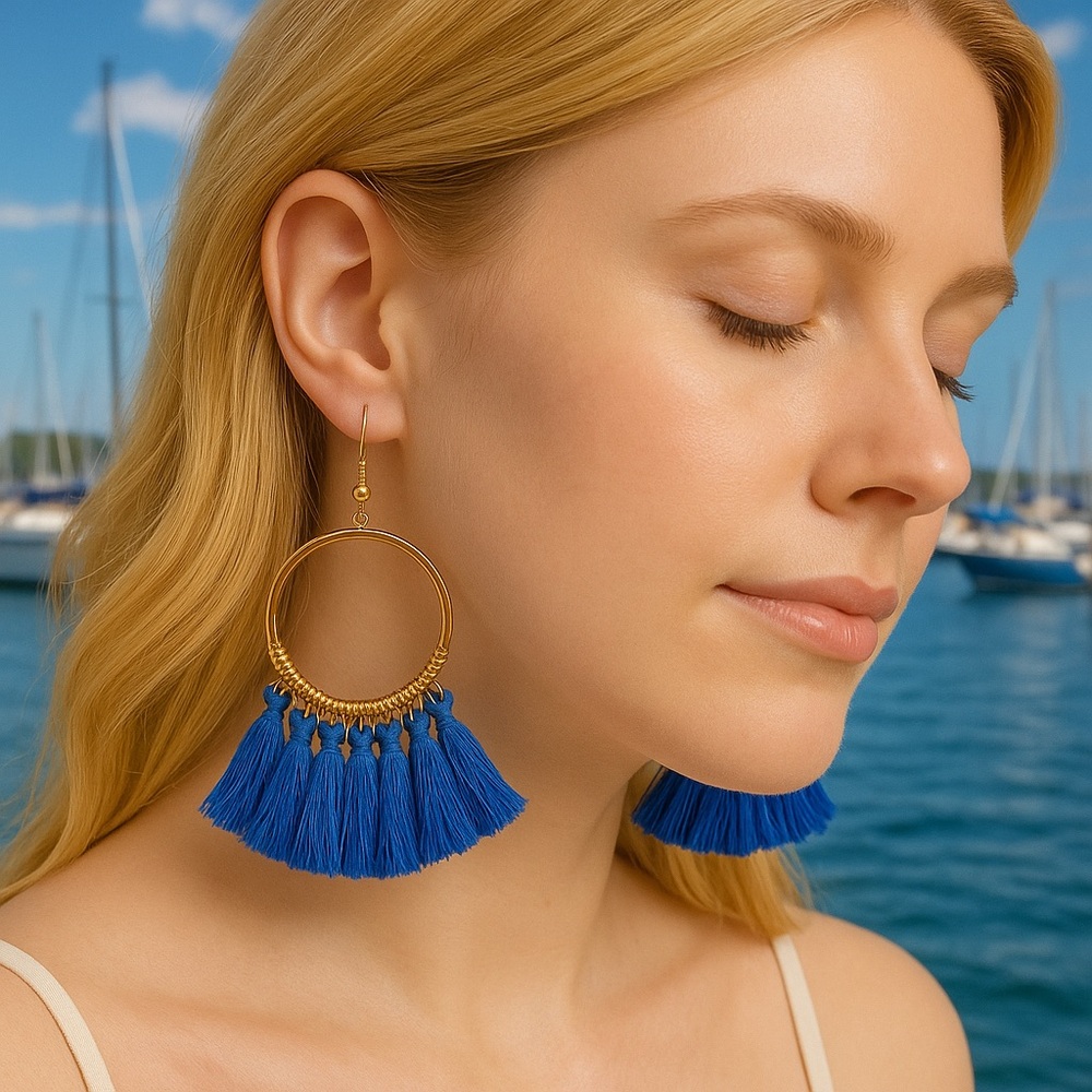 Fashion Jewelry Blue and Gold Tassel Hoop Earrings